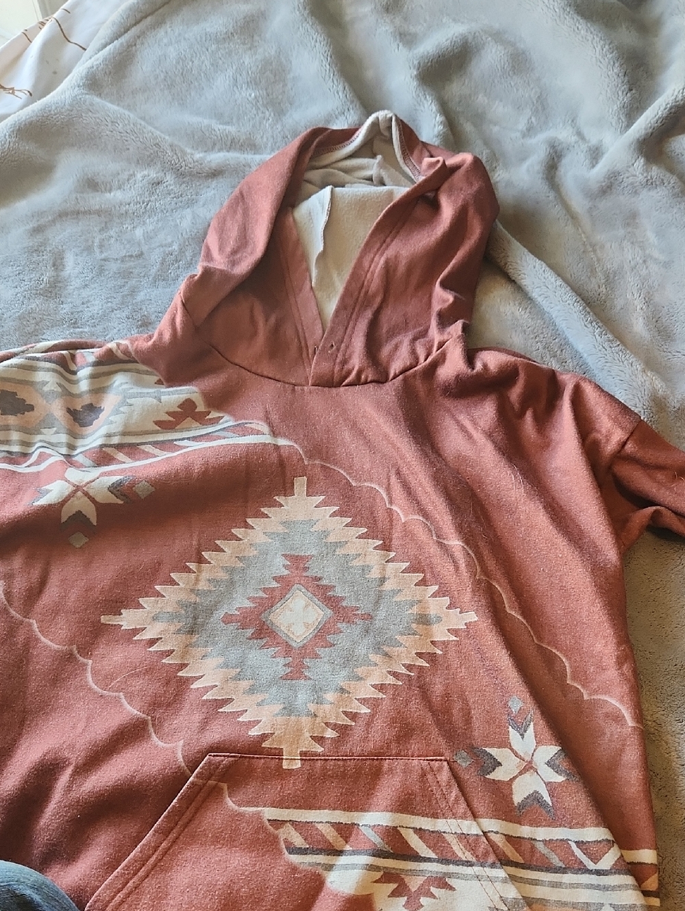 Rust Aztec Print Hooded Pullover Sweatshirt